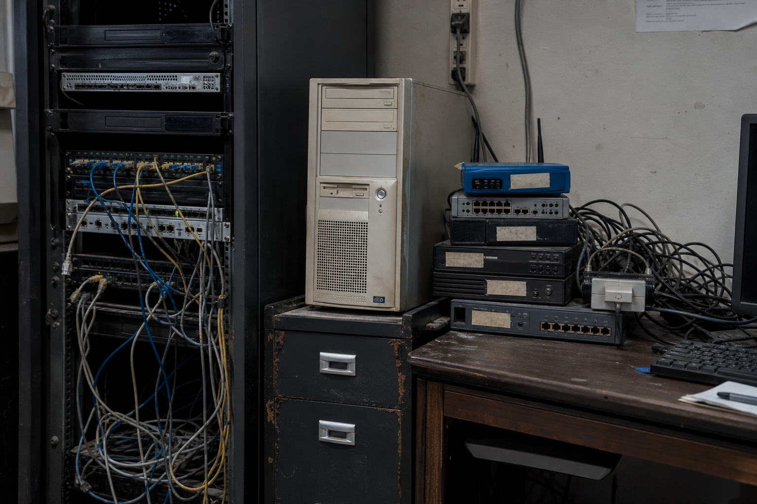 Improvised server rack and tangled network cables behind an office desk